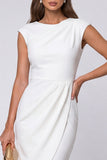 Ivory Round Neck Ruched Sheath Work Dress