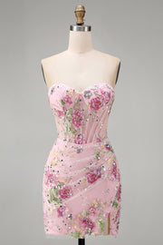 Pink Sweetheart Sheer Corset Bodycon Sequins Floral Homecoming Dress