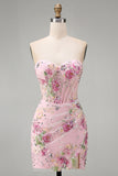 Pink Sweetheart Sheer Corset Bodycon Sequins Floral Homecoming Dress