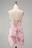 Pink Sweetheart Sheer Corset Bodycon Sequins Floral Homecoming Dress