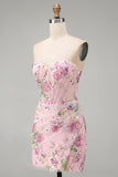 Pink Sweetheart Sheer Corset Bodycon Sequins Floral Homecoming Dress