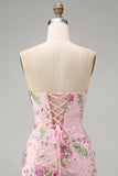 Pink Sweetheart Sheer Corset Bodycon Sequins Floral Homecoming Dress