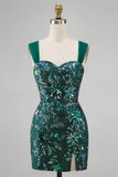 Sparkly Dark Green Bodycon Sequins Short Homecoming Dress with Slit