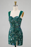 Sparkly Dark Green Bodycon Sequins Short Homecoming Dress with Slit