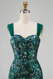Sparkly Dark Green Bodycon Sequins Short Homecoming Dress with Slit