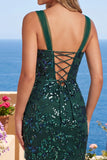 Sparkly Dark Green Bodycon Sequins Short Homecoming Dress with Slit