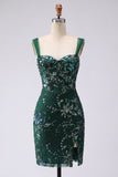 Sparkly Dark Green Bodycon Sequins Short Homecoming Dress with Slit