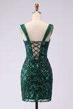 Sparkly Dark Green Bodycon Sequins Short Homecoming Dress with Slit