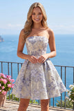 Dusty Blue A Line Corset Strapless Floral Short Homecoming Dress