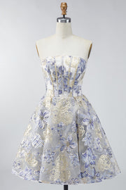 Dusty Blue A Line Corset Strapless Floral Short Homecoming Dress