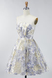 Dusty Blue A Line Corset Strapless Floral Short Homecoming Dress
