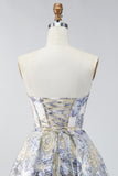 Dusty Blue A Line Corset Strapless Floral Short Homecoming Dress