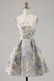Dusty Blue A Line Corset Strapless Floral Short Homecoming Dress