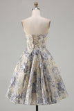 Dusty Blue A-Line Strapless Jacquard Corset Floral Homecoming Dress