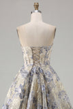 Dusty Blue A Line Corset Strapless Floral Short Homecoming Dress