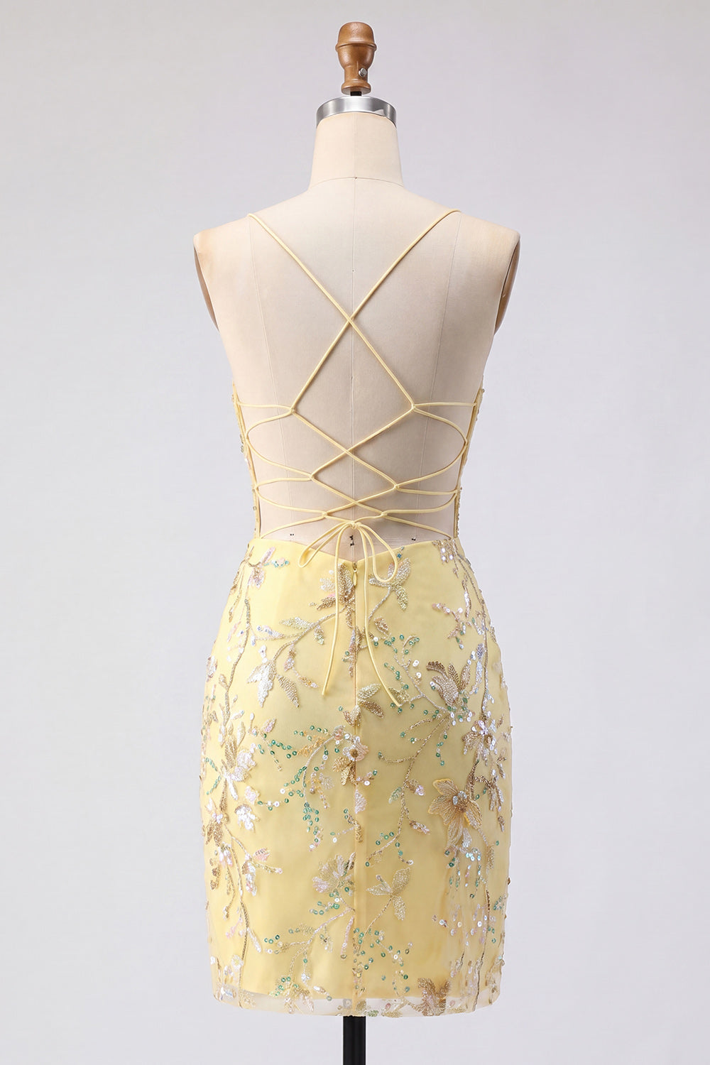 short yellow bodycon dress Short Bodycon Prom Dress with Strappy Open Back Gold / Large