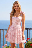 Sparkly Pink A-Line Floral Sequins Homecoming Dress with Bow