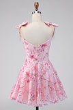 Sweet Pink Sequin Floral Embroidery Short Homecoming Dress with Bow Straps