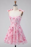 Sweet Pink Sequin Floral Embroidery Short Homecoming Dress with Bow Straps