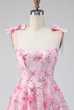 Sweet Pink Sequin Floral Embroidery Short Homecoming Dress with Bow Straps