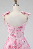 Sweet Pink Sequin Floral Embroidery Short Homecoming Dress with Bow Straps