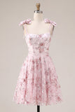 Sparkly Pink A-Line Floral Sequins Homecoming Dress with Bow