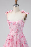 Sweet Pink Sequin Floral Embroidery Short Homecoming Dress with Bow Straps