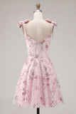 Sparkly Pink A-Line Floral Sequins Homecoming Dress with Bow
