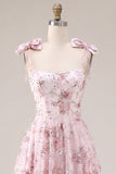 Sparkly Pink A-Line Floral Sequins Homecoming Dress with Bow