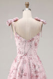 Sparkly Pink A-Line Floral Sequins Homecoming Dress with Bow