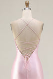 Pink Sheer Corset Ruched Beaded Bodycon Homecoming Dress with Slit