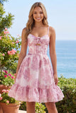 Pink A-Line Corset Ruffled Floral Short Homecoming Dress