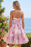 Pink A-Line Corset Ruffled Floral Short Homecoming Dress