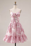 Pink A-Line Corset Ruffled Floral Short Homecoming Dress