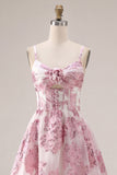 Pink A-Line Corset Ruffled Floral Short Homecoming Dress