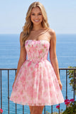 Pink A-Line Strapless Corset Floral Homecoming Dress