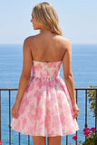 Pink A-Line Strapless Corset Floral Homecoming Dress