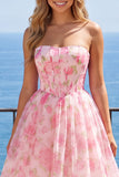 Pink A-Line Strapless Corset Floral Homecoming Dress