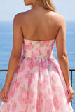Pink A-Line Strapless Corset Floral Homecoming Dress