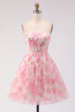 Pink A-Line Strapless Corset Floral Homecoming Dress