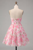 Pink A-Line Strapless Corset Floral Homecoming Dress