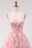 Pink A-Line Strapless Corset Floral Homecoming Dress