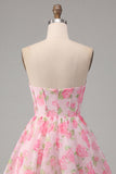 Pink A-Line Strapless Corset Floral Homecoming Dress
