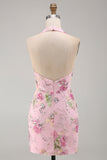 Pink Halter Neck Bodycon Sequins Floral Homecoming Dress