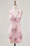 Pink Halter Neck Bodycon Sequins Floral Homecoming Dress