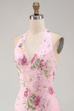 Pink Halter Neck Bodycon Sequins Floral Homecoming Dress