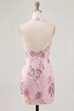 Pink Halter Neck Bodycon Sequins Floral Homecoming Dress