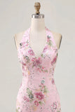 Pink Halter Neck Bodycon Sequins Floral Homecoming Dress
