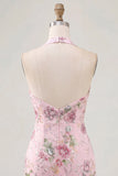 Pink Halter Neck Bodycon Sequins Floral Homecoming Dress