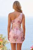 Pink One Shoulder Bodycon Sequins Floral Homecoming Dress